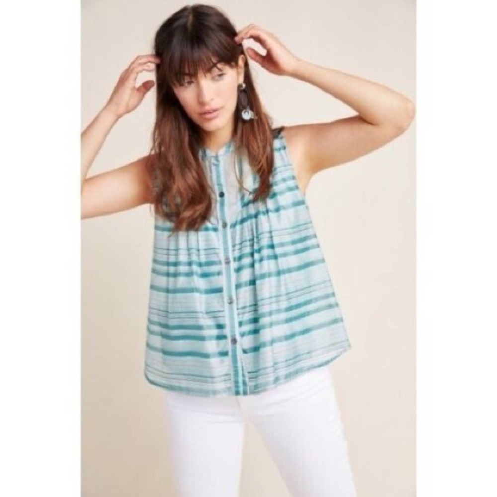 Current Air by Anthropologie Sleeveless Blue Stripe Detail Button Down Shirt